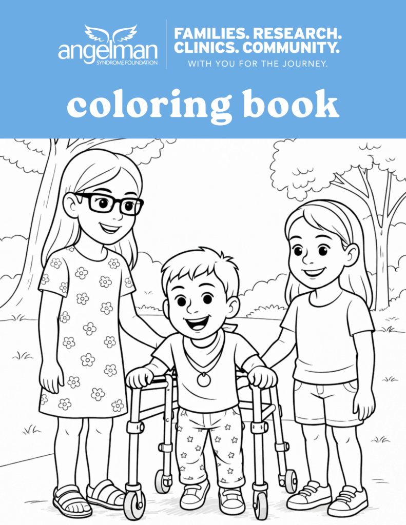 coloring page of a boy with Angelman syndrome and his two sisters